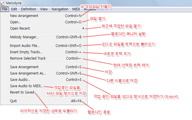 멜로다인 메뉴 설명