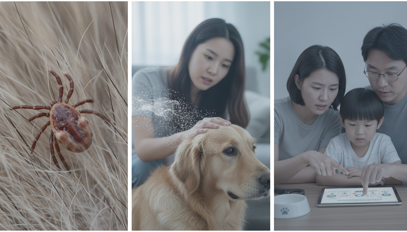 반려동물 기생충이 사람에게 전염될 수 있는 인수공통감염 위험을 보여주는 3단 이미지. 진드기, 보호자의 접촉, 정보를 확인하는 가족의 모습.