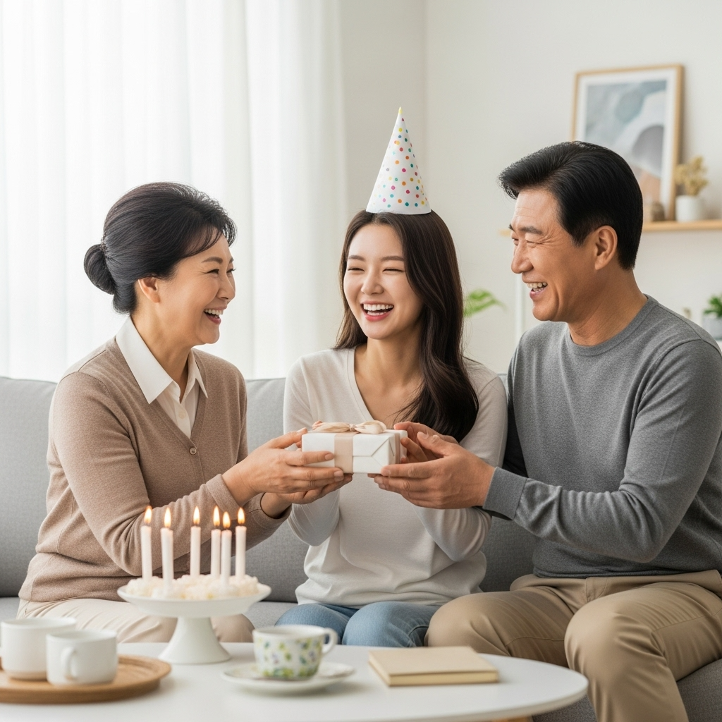 MZ세대 며느리와 시부모가 함께 생일을 축하하며 따뜻하게 웃고 있는 모습.