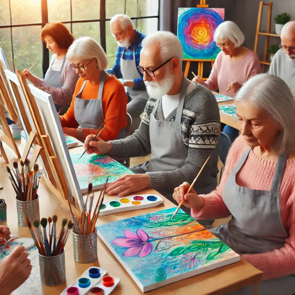 그림이나 미술 수업에 참여하여 치매 예방을 위해 창의적인 활동을 하는 노인들, 밝은 색상과 창의적인 에너지가 가득한 방에서 미술을 통해 자신을 표현하는 장면