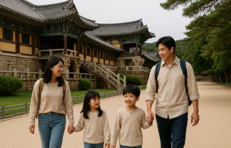 경주에서 한옥길을 걸으며 여행하고 있는 가족