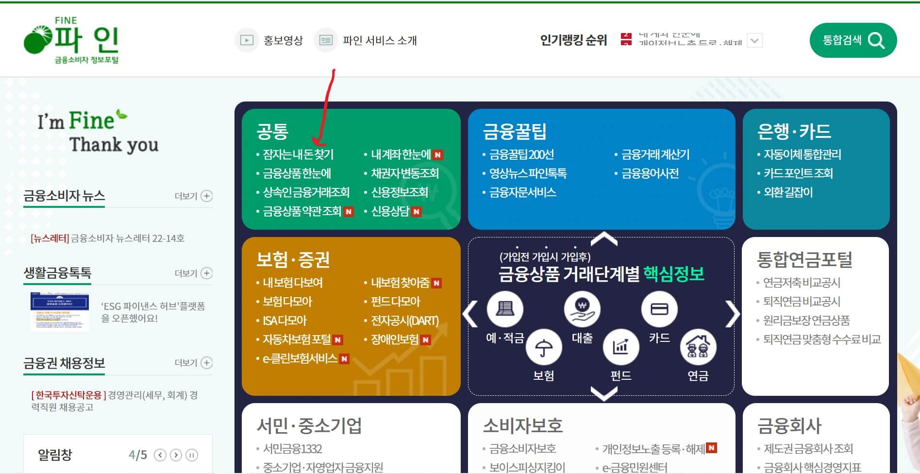 금융소비자정보포털파인 홈페이지