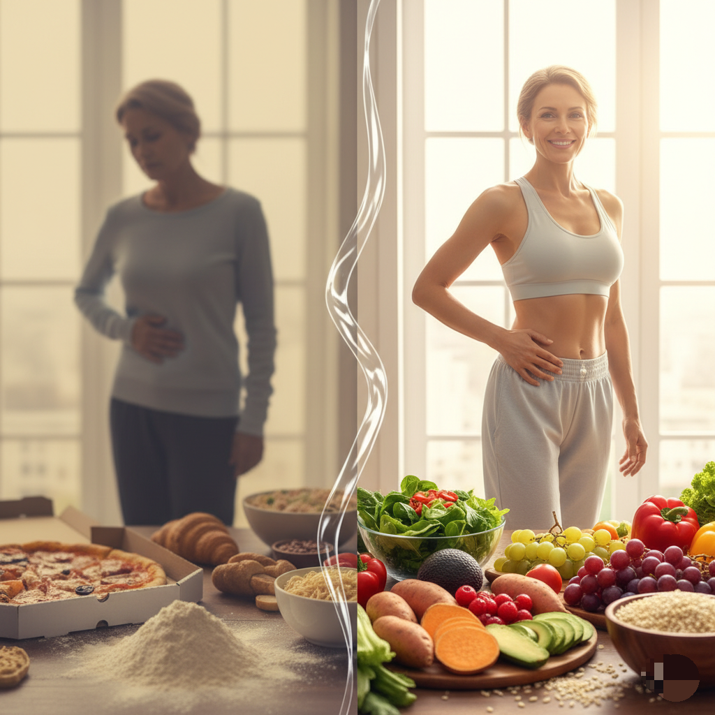 밀가루 끊기 전후 몸의 변화 비교 – 복부 팽만, 피부 개선, 건강한 식단으로 변화한 여성