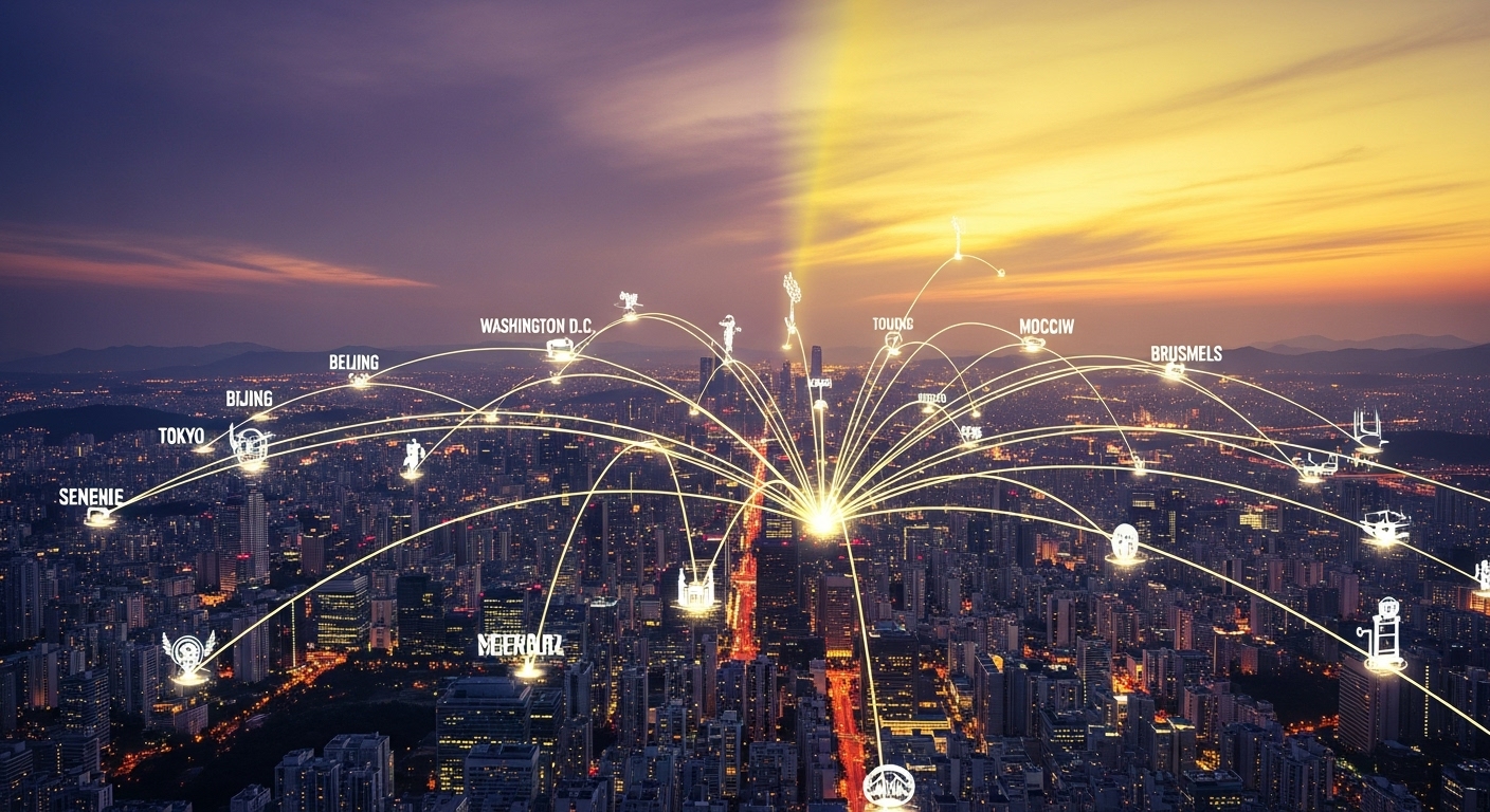 2025년 서울의 미래지향적인 야경을 배경으로, 한국의 변화하는 외교 정책과 국제적 영향력을 상징하는 디지털 외교 노선이 그려진 이미지.