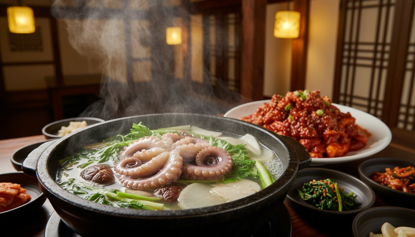 인천공항 근처 맛집 짱구네 본점의 대표 메뉴인 뜨거운 연포탕과 매콤한 낙지볶음이 먹음직스럽게 차려진 풍경