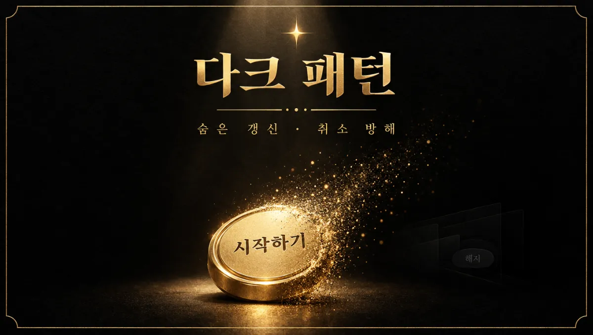 스포트라이트를 받은 커다란 금빛 "시작하기" 원형 버튼과, 어둠 속에 흐릿하게 거의 묻힌 작은 "해지" 버튼을 극단적으로 대비시킨 구성에, "다크 패턴"과 "숨은 갱신 &middot; 취소 방해" 금박 한글 제목이 새겨진 검은이미지