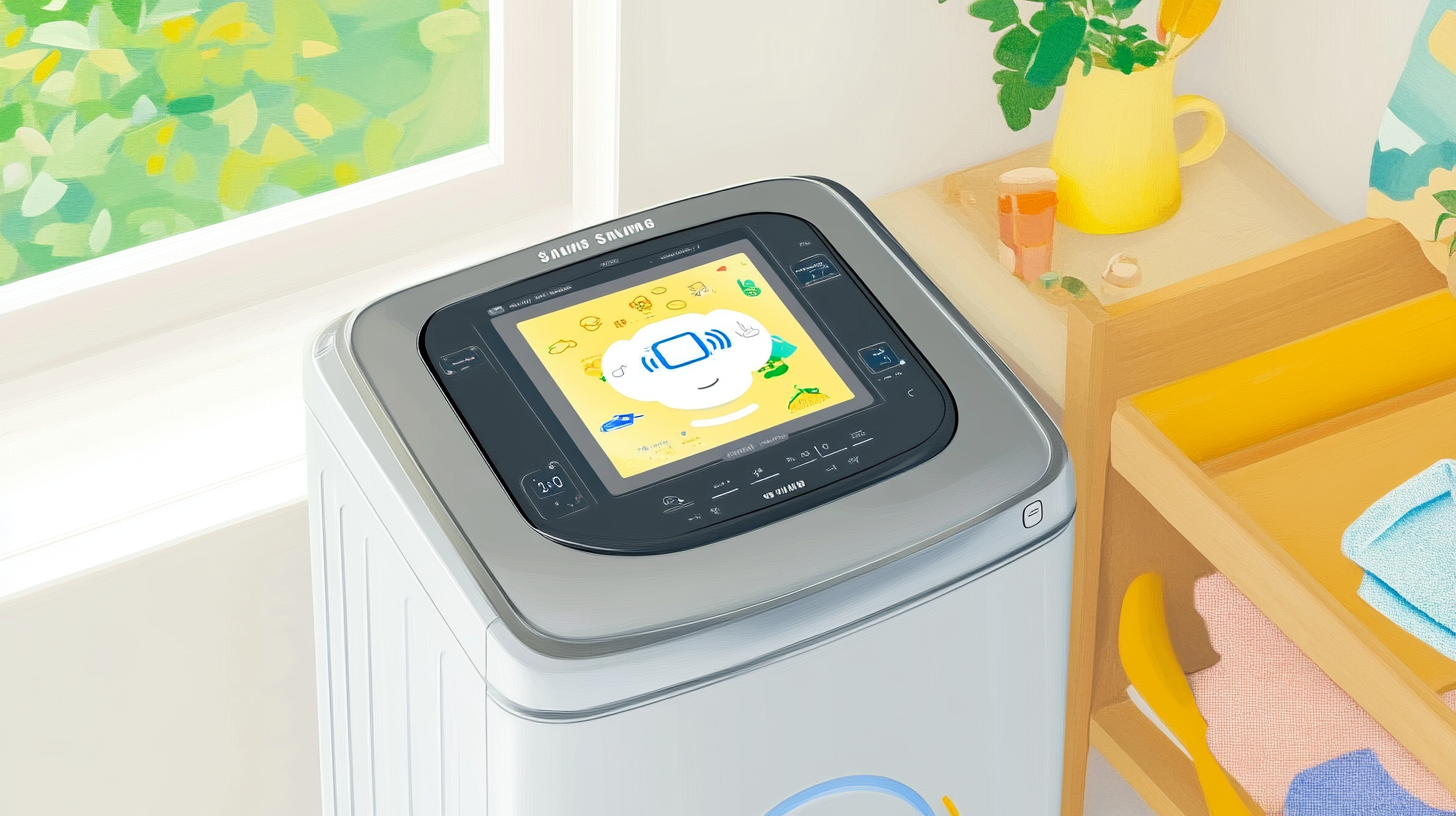 삼성 AI 세탁기의 직관적인 인터페이스와 세련된 메탈 바디를 조명 아래에서 자세히 보여주는 제품 사진입니다.