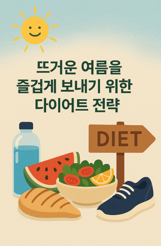 여름의 상징인 수박, 채소 샐러드, 체중계, 운동화 등이 조화롭게 배치된 일러스트