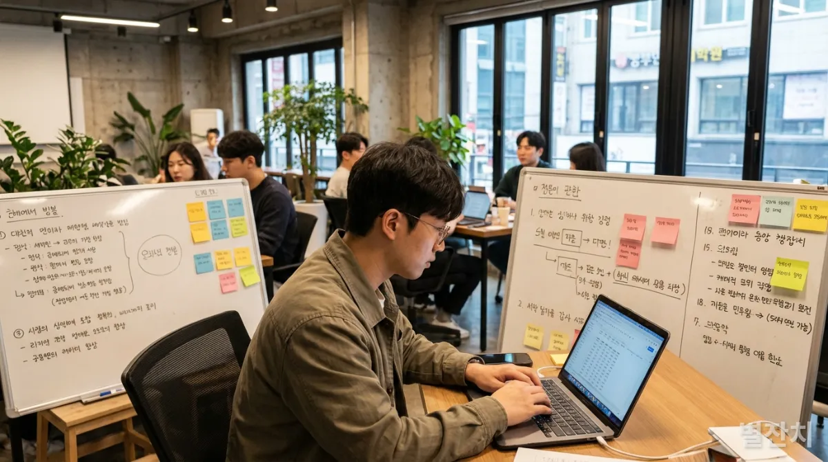 20대 한국인 스타트업 대표가 현대적인 코워킹 스페이스에서 노트북을 보며 학습하는 모습