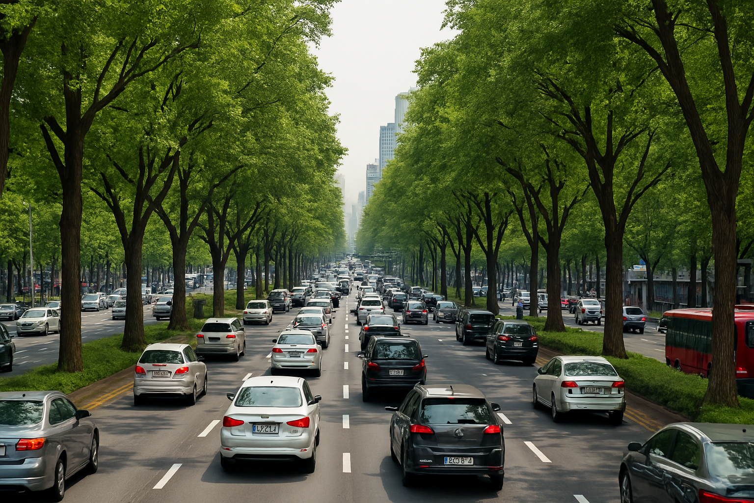 복잡한 도로변에 심겨져 있는 가로수들(Ai 생성이미지)