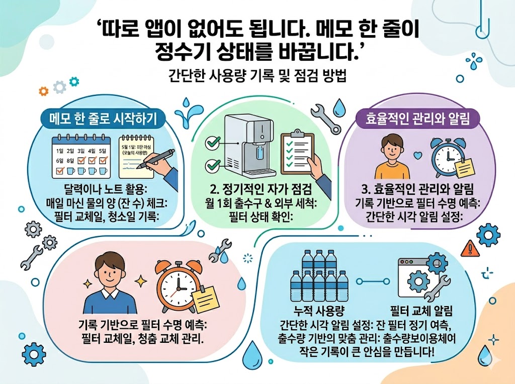 정수기 사용량을 간단히 기록하고 점검하는 방법을 보여주는 이미지