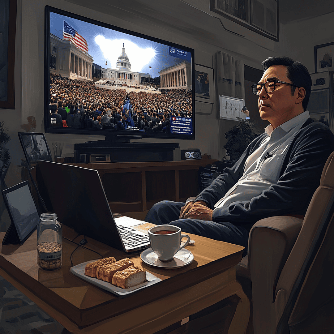 거실에서 노트북을 보며 TV로 미국 국회의사당 취임식을 시청하는 중년 남성