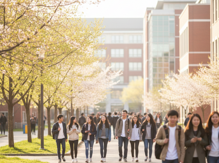 대학교 캠퍼스 전경과 신입생 입학 시즌 분위기