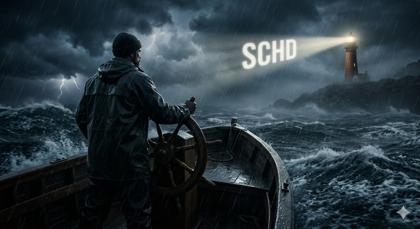 거친 파도 속에서 등대(SCHD)를 바라보며 항해하는 아빠의 든든한 뒷모습