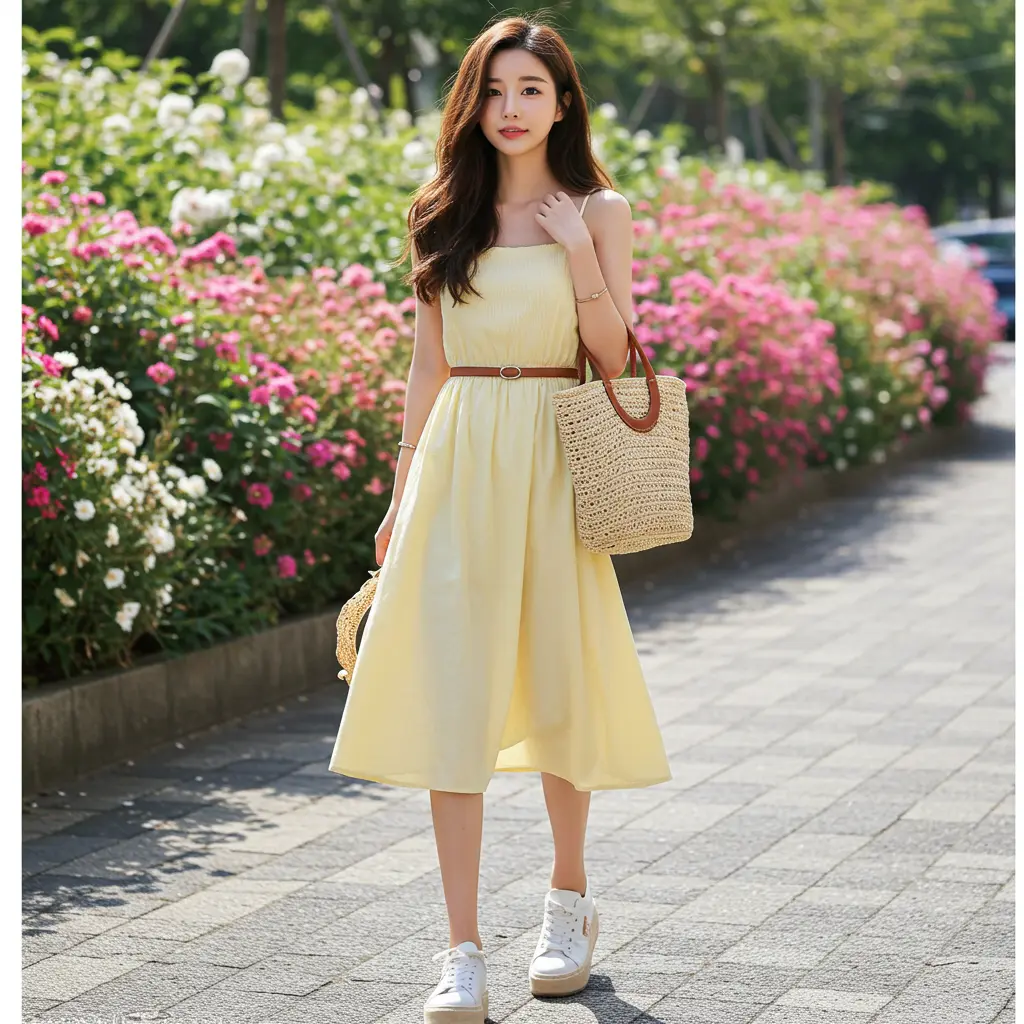 옐로우 원피스입은 여성 이미지