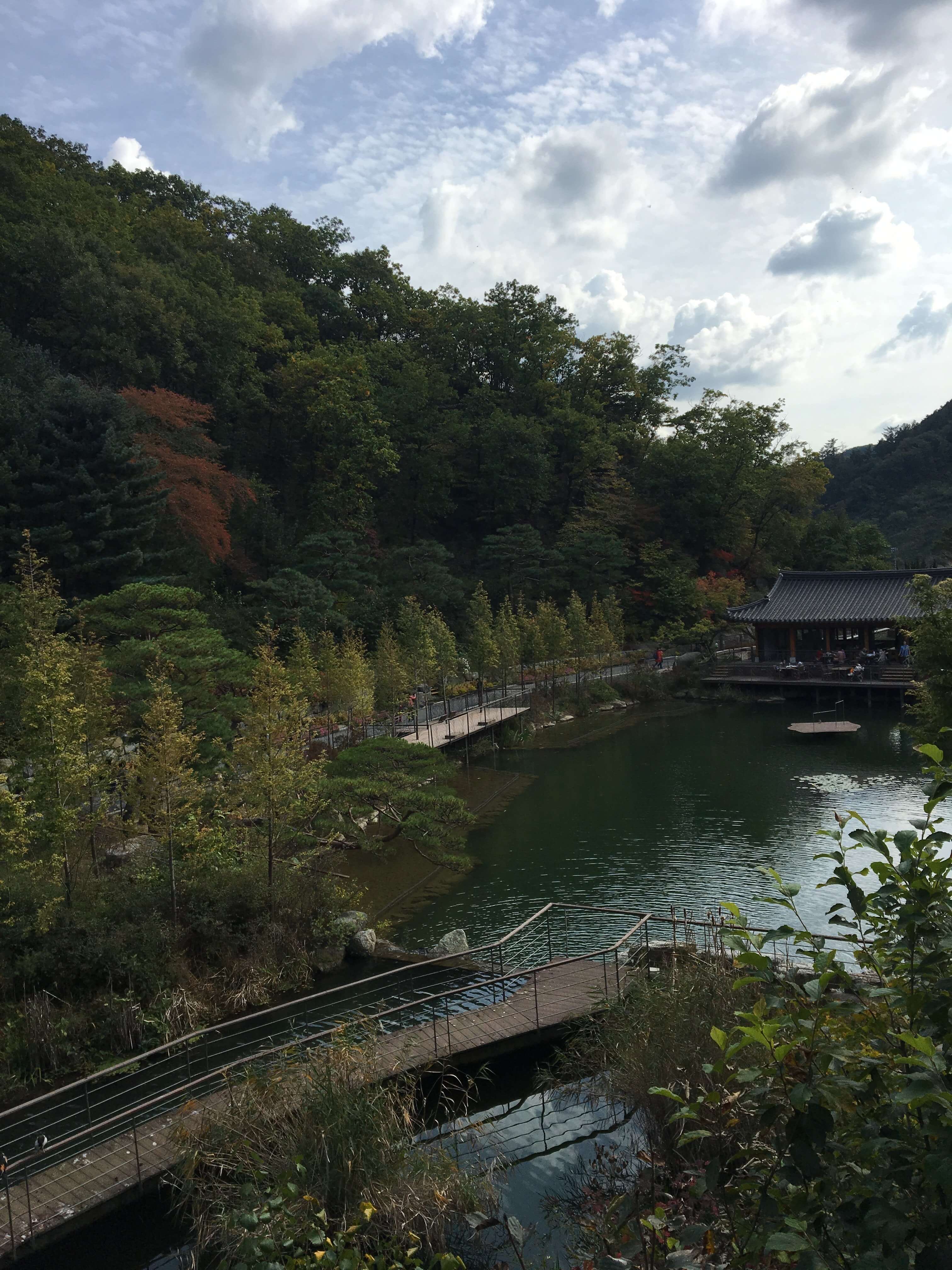 조용한 산속 연못과 전통 한옥, 그리고 나무들이 어우러진 화담숲 이미지