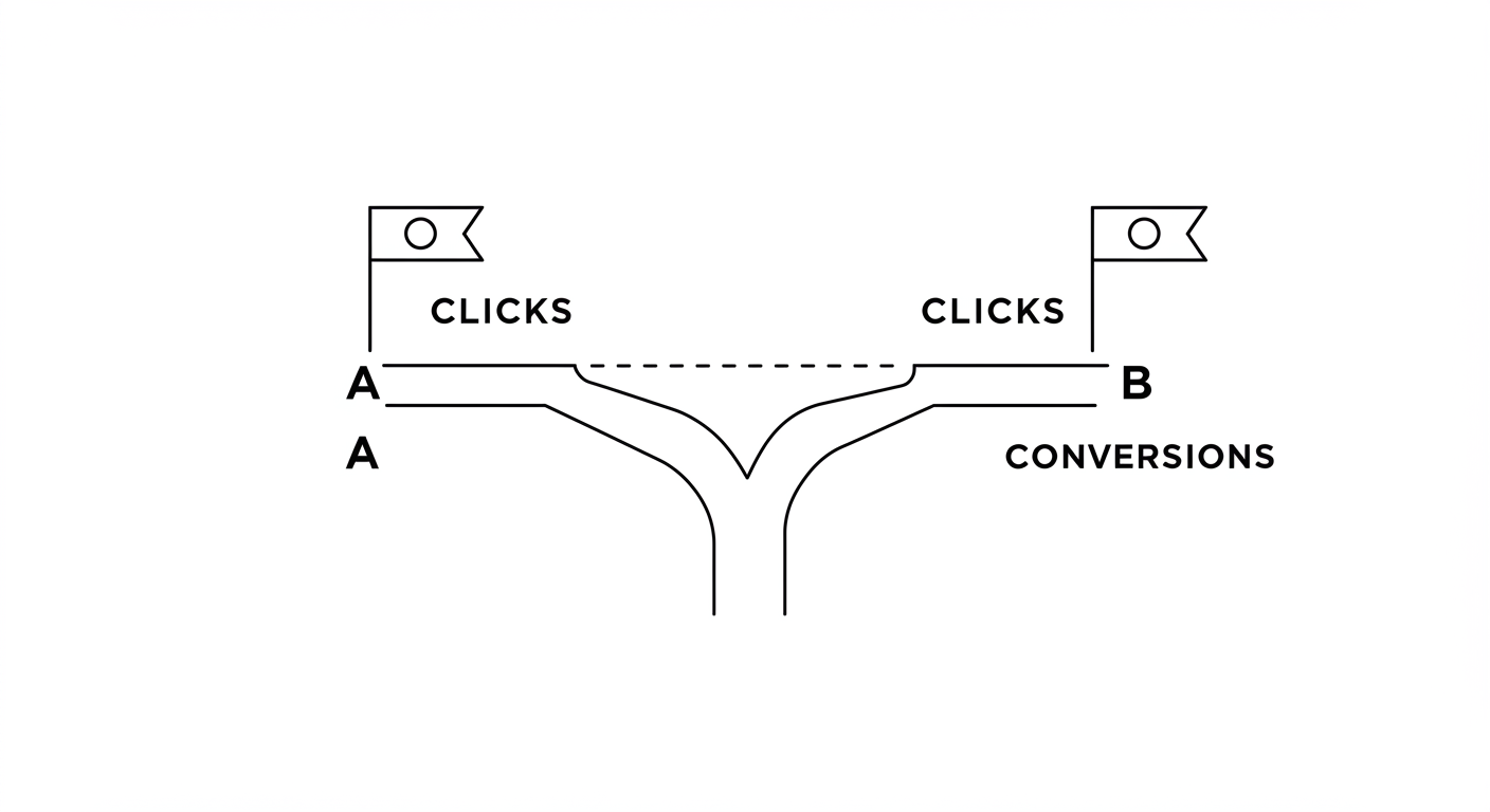 두 갈래 트랙이 각기 다른 깃발(클릭&middot;전환)로 향하는 상징적 이미지로 A/B 테스트 결과를 은유적으로 표현