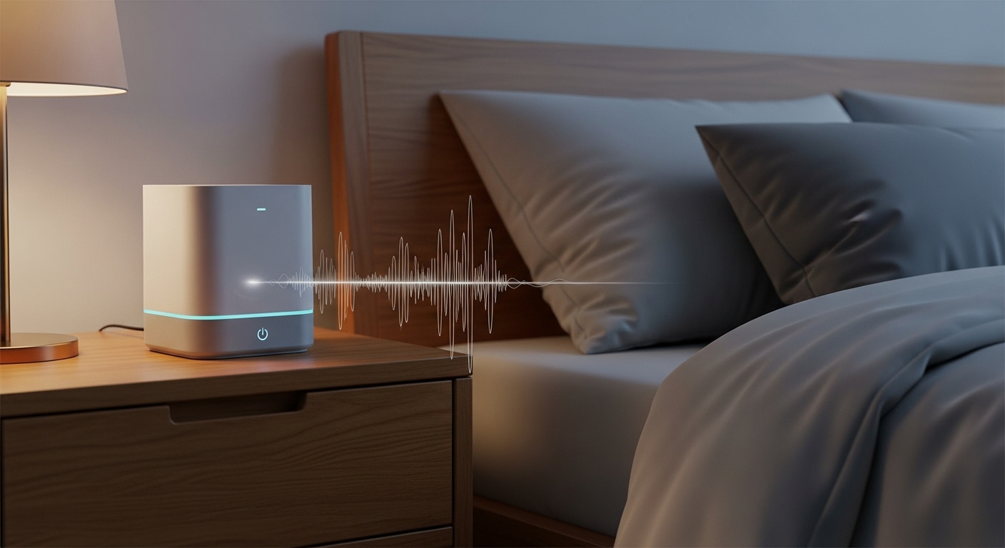 침대 옆 협탁 위에 놓인 백색소음 기계가 안정적인 수면 환경을 위해 작동하고 있다.