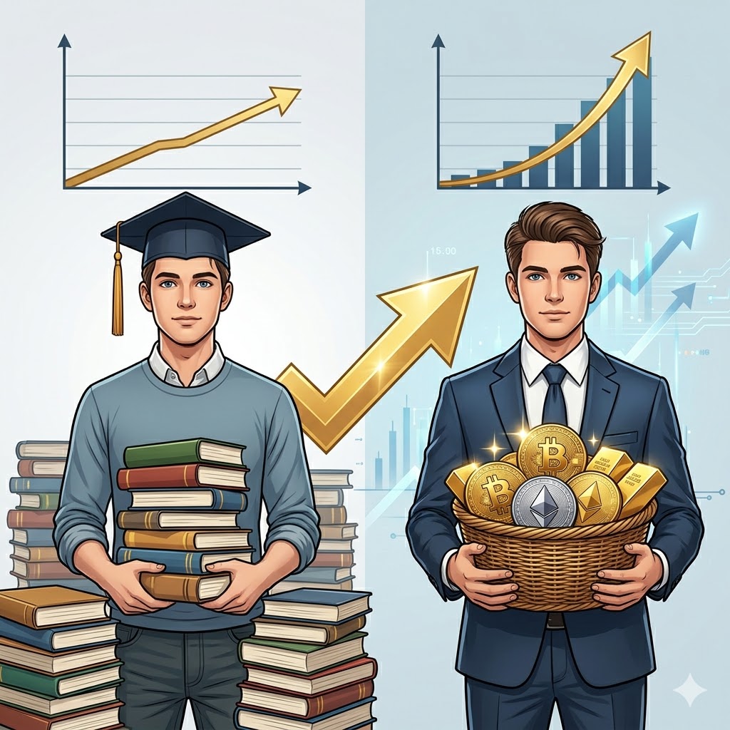 A 1:1 professional infographic chart showing a clear, high-definition comparison between two young professionals. Person A, on the left, wears a graduation cap and is surrounded by many stacked books. Above Person A is a simple chart graph with slow, linear upward growth. Person B, on the right, wears a tailored business suit and holds an overflowing wicker basket of glistening, physical Bitcoin and Ethereum coin symbols, and gold bars from image_0.png. Above Person B is a simple chart graph with explosive, exponential upward growth. A large, stylized golden arrow, matching image_0.png's style, points decisively from Person A's path to Person B's path. Faint digital data lines and abstract financial indicators flow from image_0.png to the rest of the image. Pure visual image, no other text.
