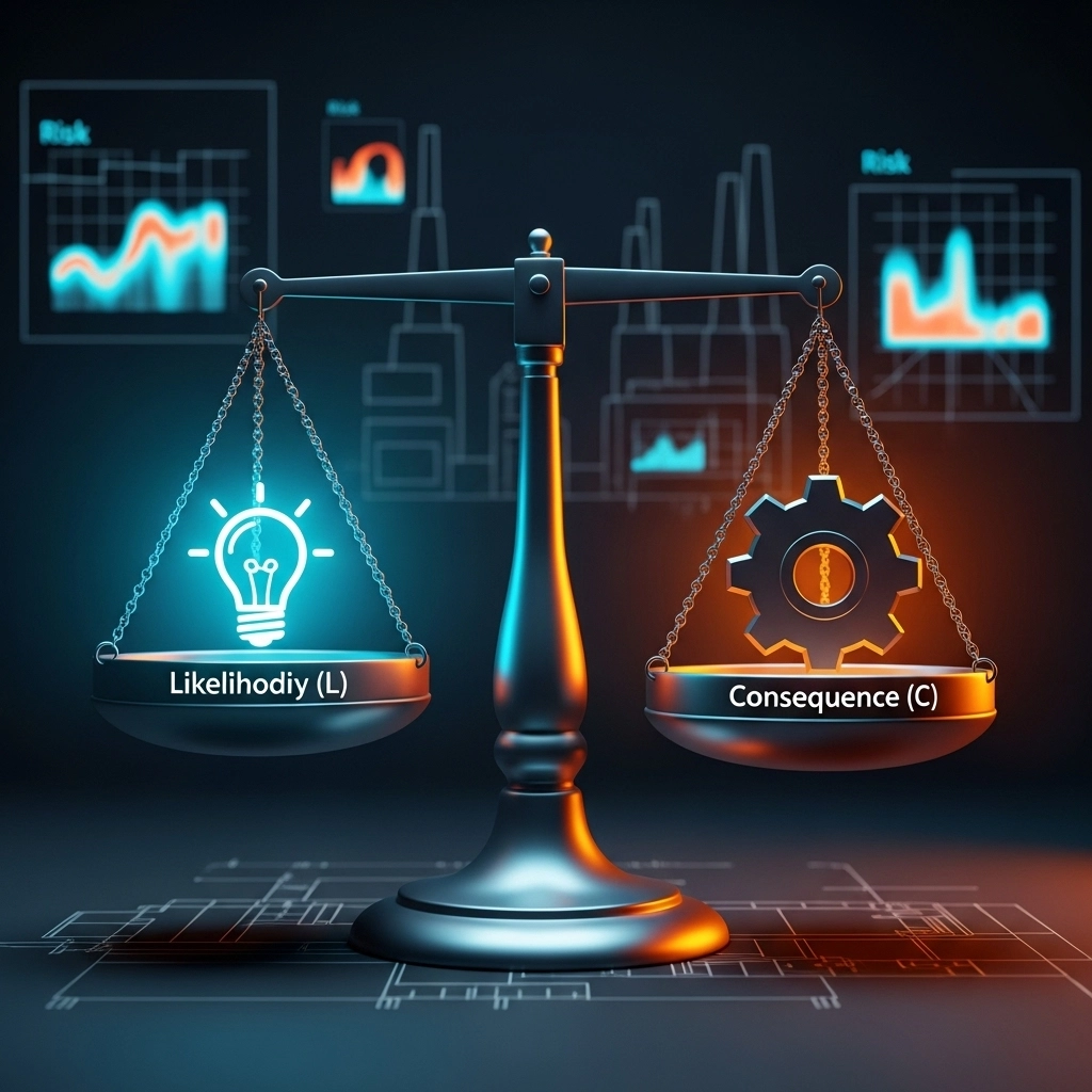 위험도 공식 R=L*C 원리를 설명하는 이미지. 저울의 한쪽에는 가능성(L)을 상징하는 전구가, 다른 쪽에는 중대성(C)을 상징하는 톱니바퀴가 놓여 균형을 이루며 위험성 평가의 핵심을 보여준다.