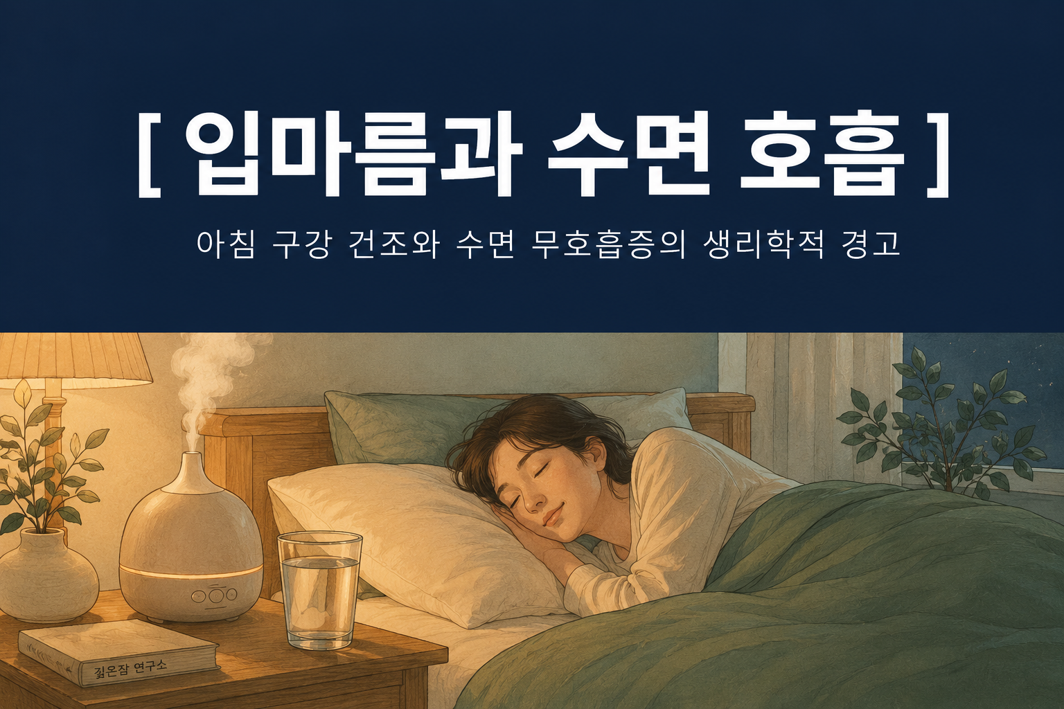 어두운 인디고 배경 상단에 한글로 "[ 입마름과 수면 호흡 ]"이라는 타이틀과 "아침 구강 건조와 수면 무호흡증의 생리학적 경고"라는 부제가 적혀 있고, 하단에는 물 한 잔과 가습기가 올려진 따뜻한 침실에서 편안히 잠든 사람의 손그림 일러스트가 담긴 깊은잠 연구소의 웰니스 매거진 썸네일 이미지.