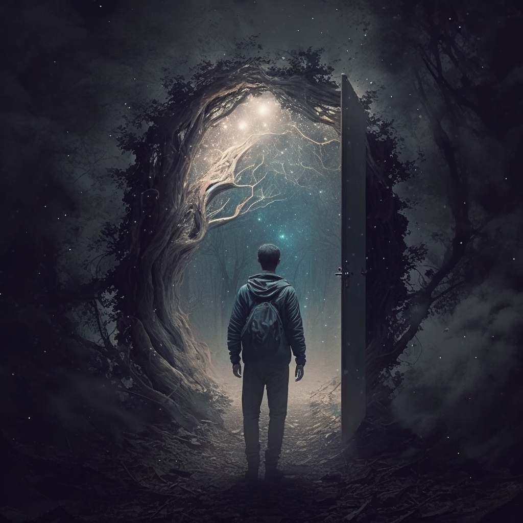 미지의 세계로 가는 문 앞에 서있는 남자