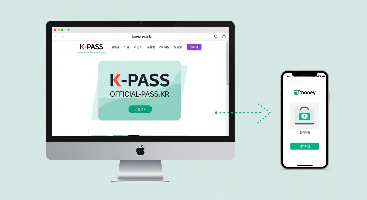 K패스 공식 홈페이지와 모바일 티머니 앱이 연동되는 과정을 보여주는 이미지.