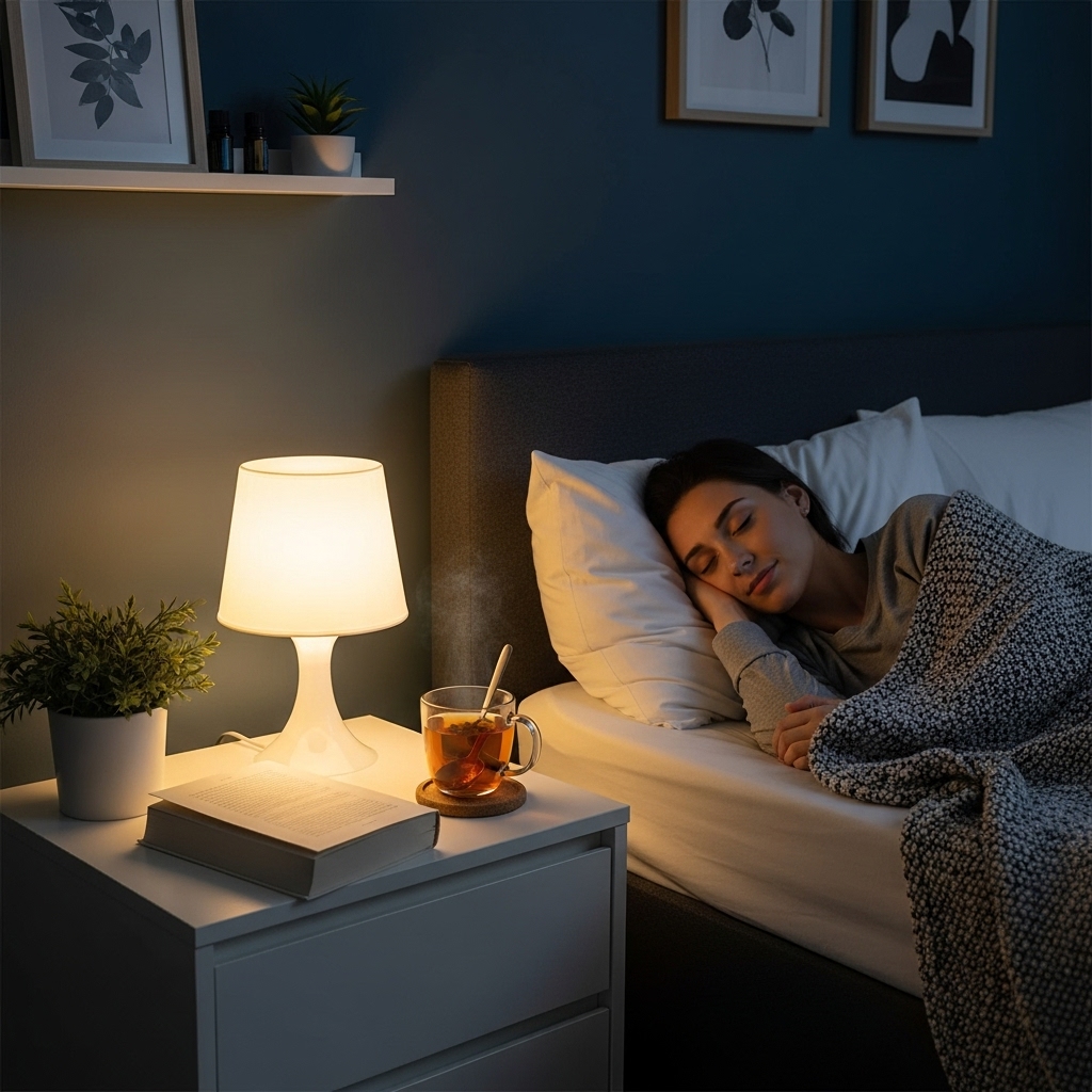 따뜻한 조명 아래 잠든 사람과 허브차가 놓인 침실, 평화로운 숙면 분위기를 연출하는 이미지