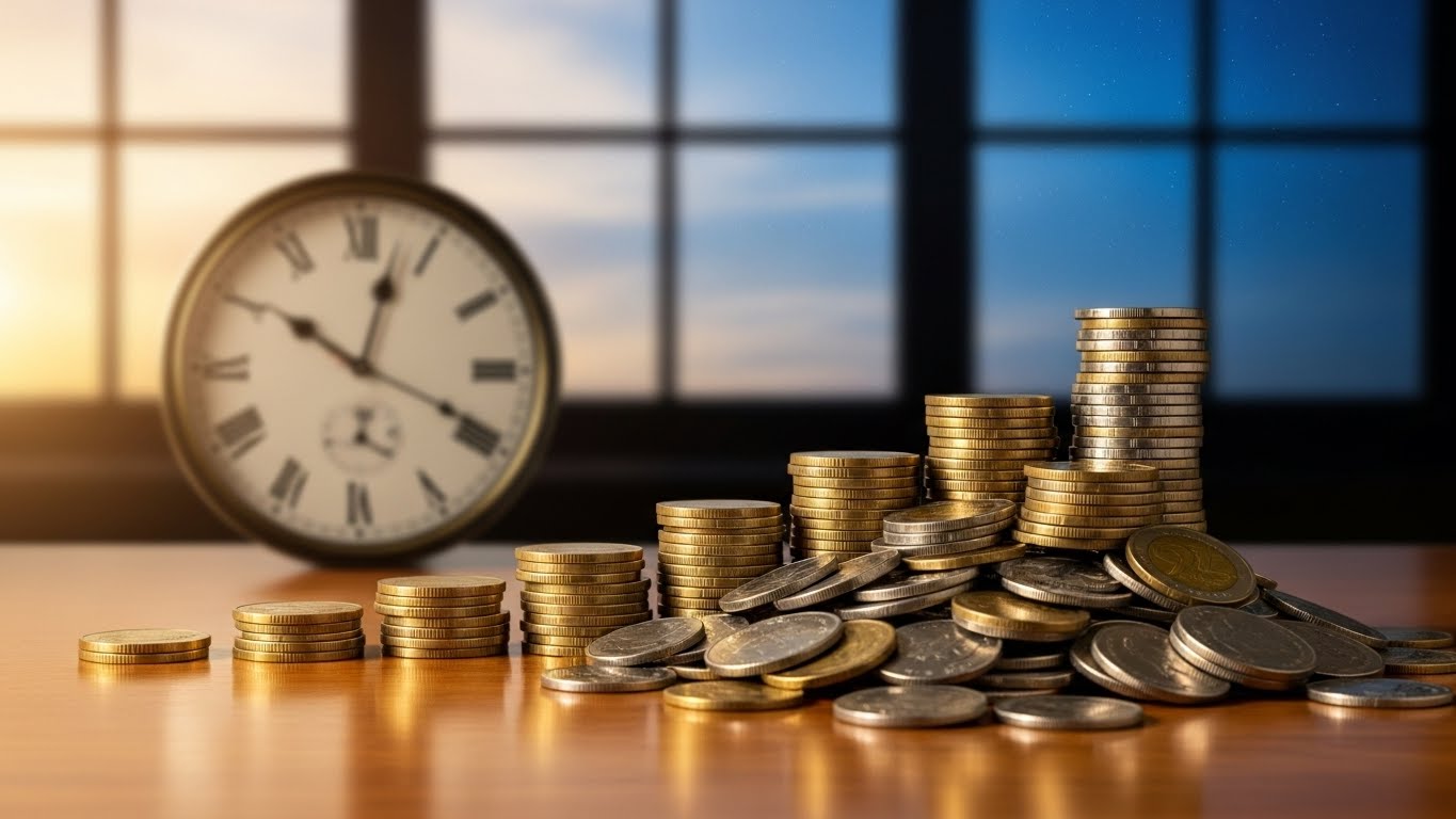 매일 이자가 원금에 더해져 자산이 불어나는 일복리 효과를 시각화한 동전 더미