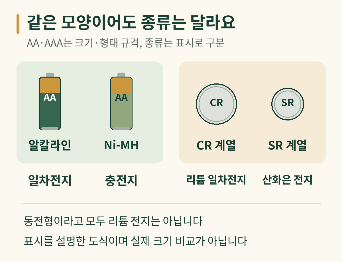 같은 AA형의 알칼라인&middot;Ni-MH와 동전형 CR&middot;SR 표시를 비교한 도식