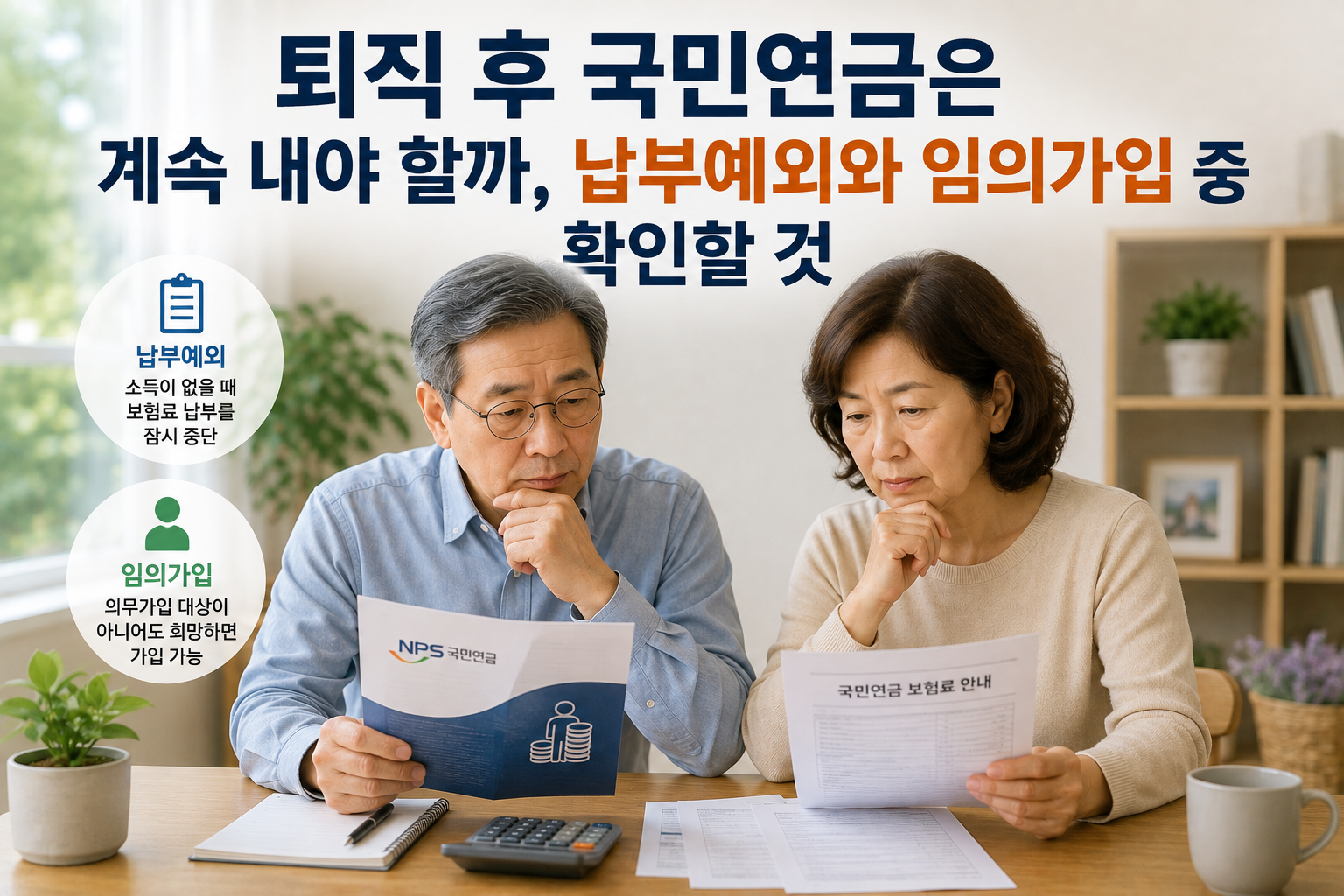 퇴직 후 국민연금 납부예외와 임의가입을 확인하는 부부