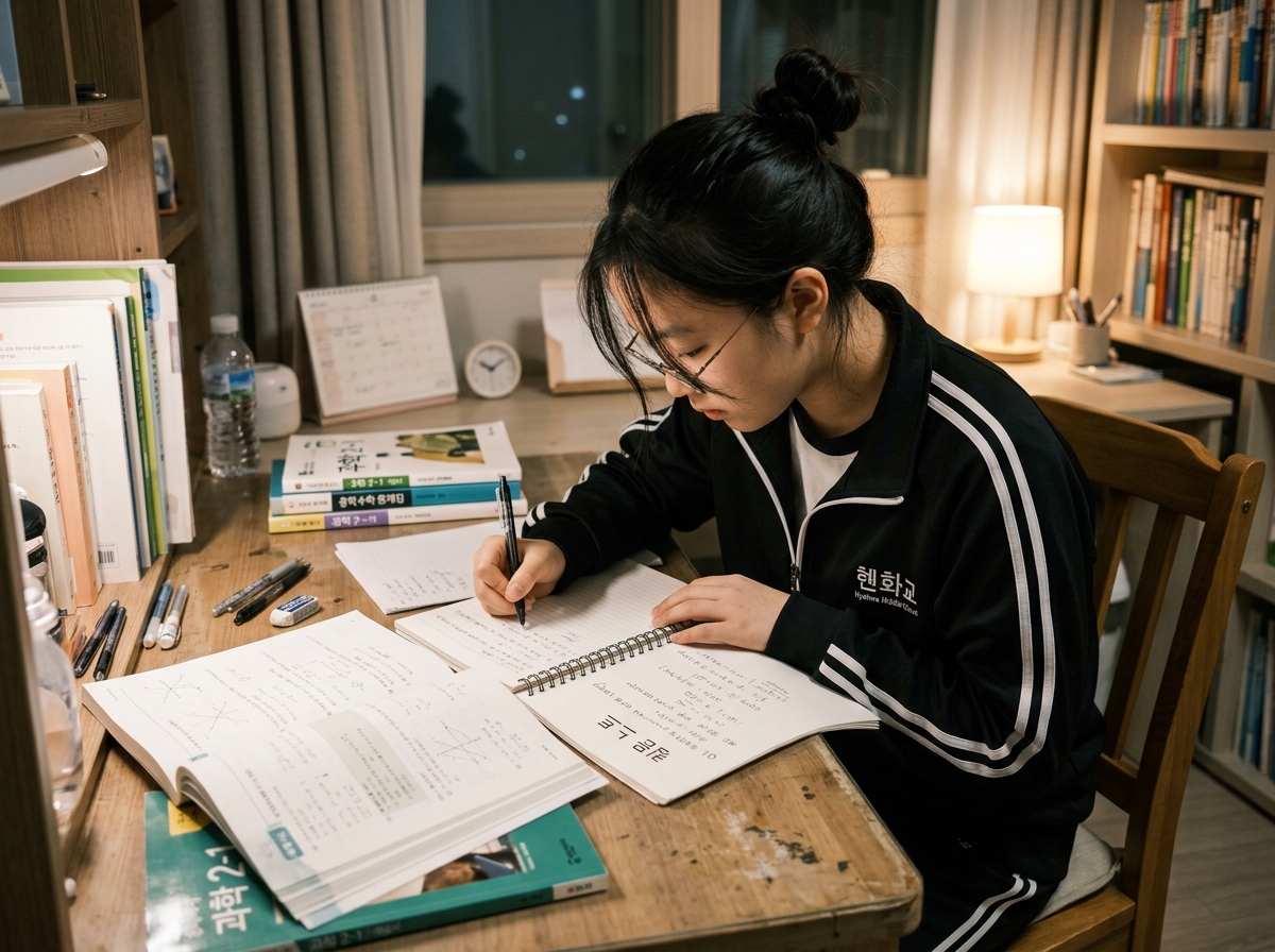 질문 노트에 수학 질문을 정리하는 중학생