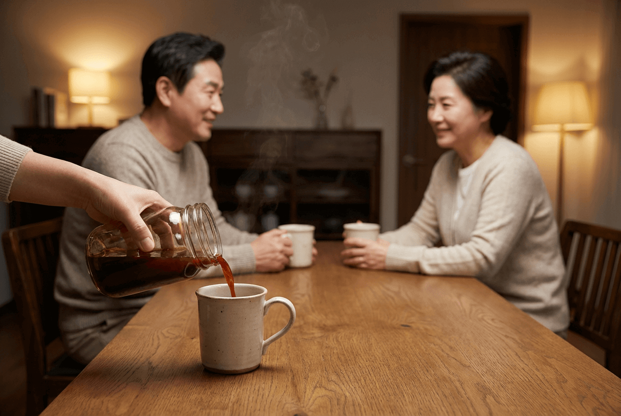 따뜻한 머그컵에 붉은 빛을 띤 녹용·홍삼 진액을 따르고 있는 모습, 중장년 부부가 식탁에서 여유롭게 한 잔을 나누는 장면