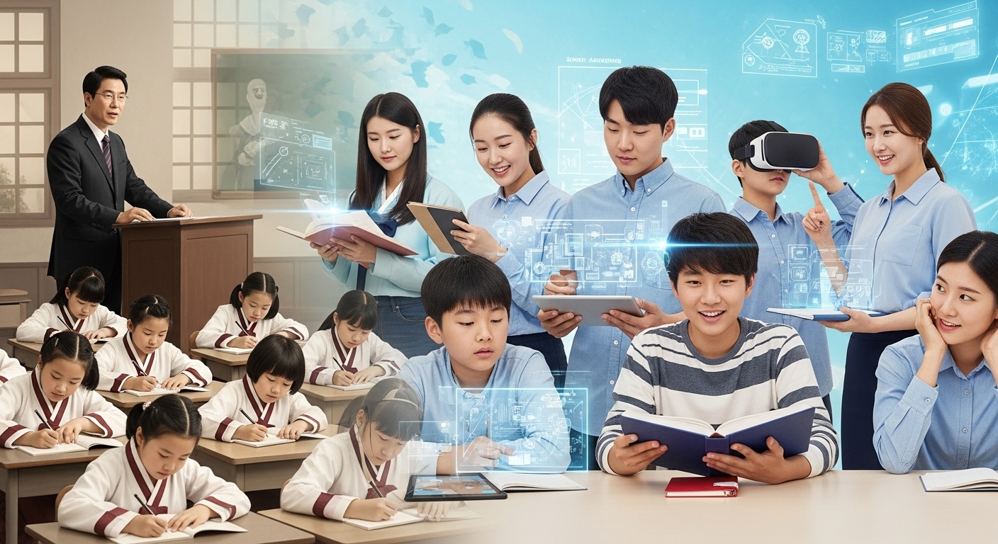 주입식 교육부터 자기주도 학습까지, 한국 학습 방법론의 역사적 변천사를 시각적으로 보여주는 역동적인 이미지. 과거의 교실과 현대의 유연한 학습 환경이 대조적으로 표현됨.