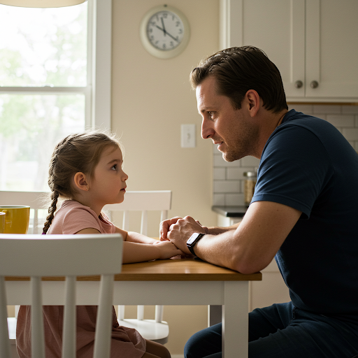 서로 눈을 맞추고 테이블에 앉자 있는 모습