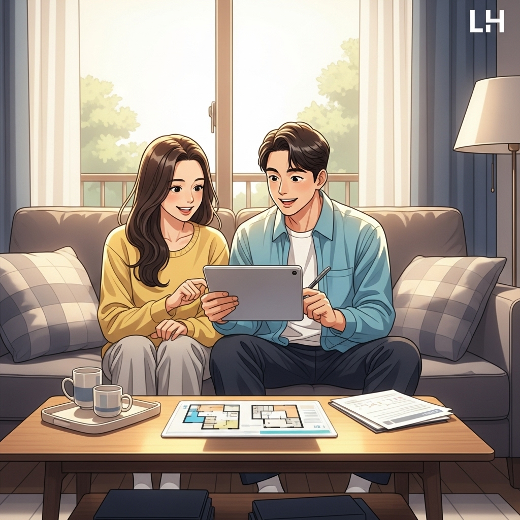 행복하게 태블릿을 보며 2025년 LH 신혼희망타운 입주를 꿈꾸는 젊은 맞벌이 부부의 모습.