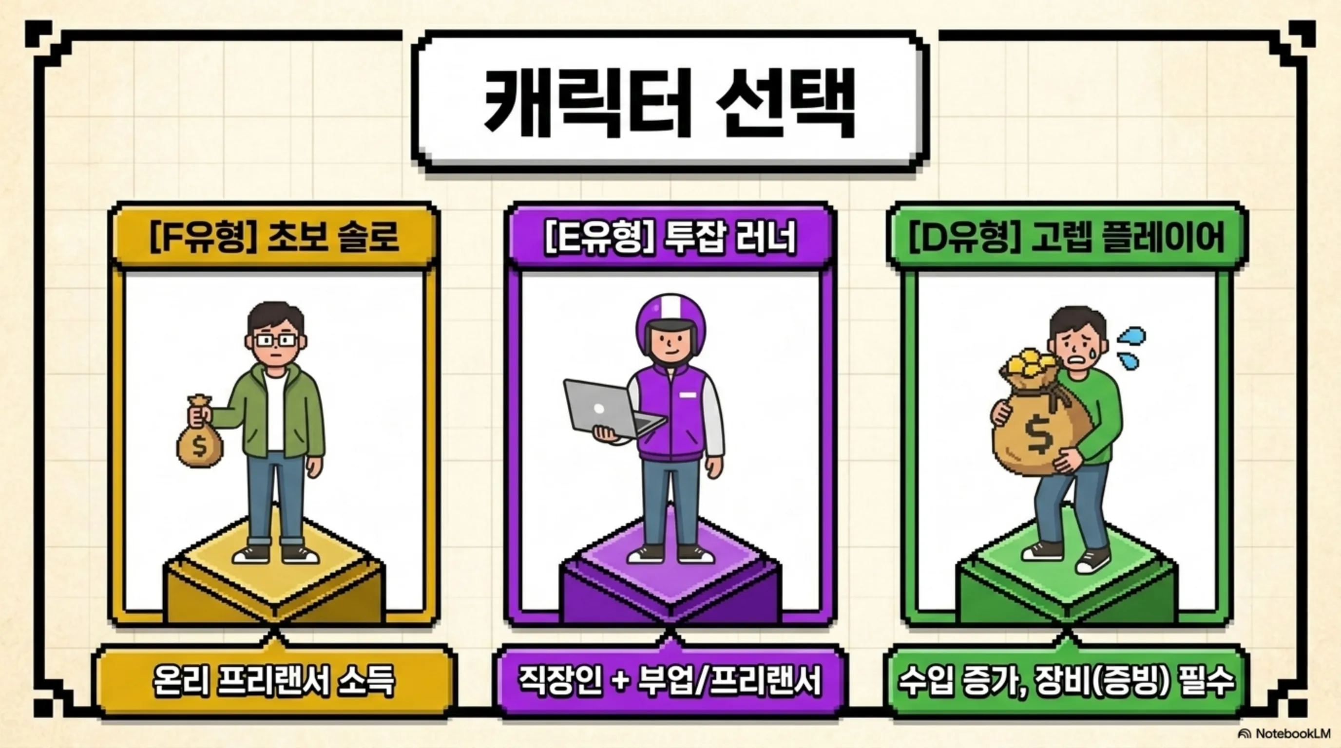 프리랜서 종합소득세: 게임 캐릭터 선택 화면 형식으로 종합소득세 신고유형 F유형 E유형 D유형을 비교한 이미지. F유형은 초보 솔로로 온리 프리랜서 소득을 나타내고 E유형은 투잡 러너로 직장인과 부업 프리랜서 겸업을 나타내며 D유형은 고렙 플레이어로 수입 증가에 따라 장비와 증빙이 필수인 상황을 나타낸다. 프리랜서 종합소득세 신고유형별 특징을 게임 캐릭터로 시각화한 이미지