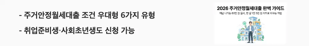 '주거안정월세대출 조건 우대형 6가지 유형'과 '취업준비생·사회초년생도 신청 가능'이라는 문구가 포함된 웹배너 이미지. 이 이미지는 주거안정월세대출 우대형과 일반형의 대상별 자격 조건 정보를 시각적으로 전달하며, 블로그의 주거안정월세대출 신청 자격과 관련된 내용을 설명함