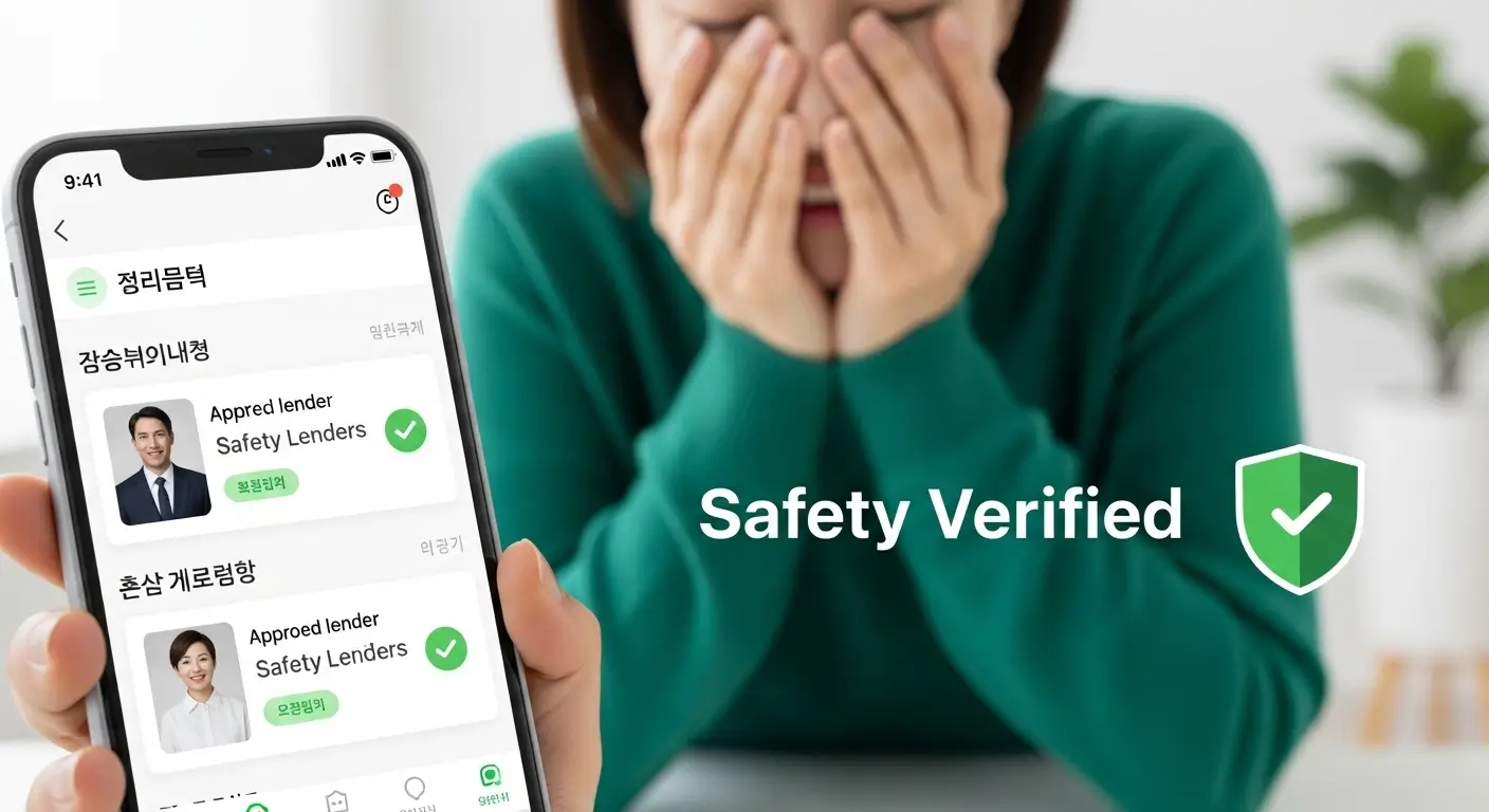 스마트폰 화면에서 안전 확인 완료 메시지 또는 추천 대부업체 리스트를 보며 안심하는 모습