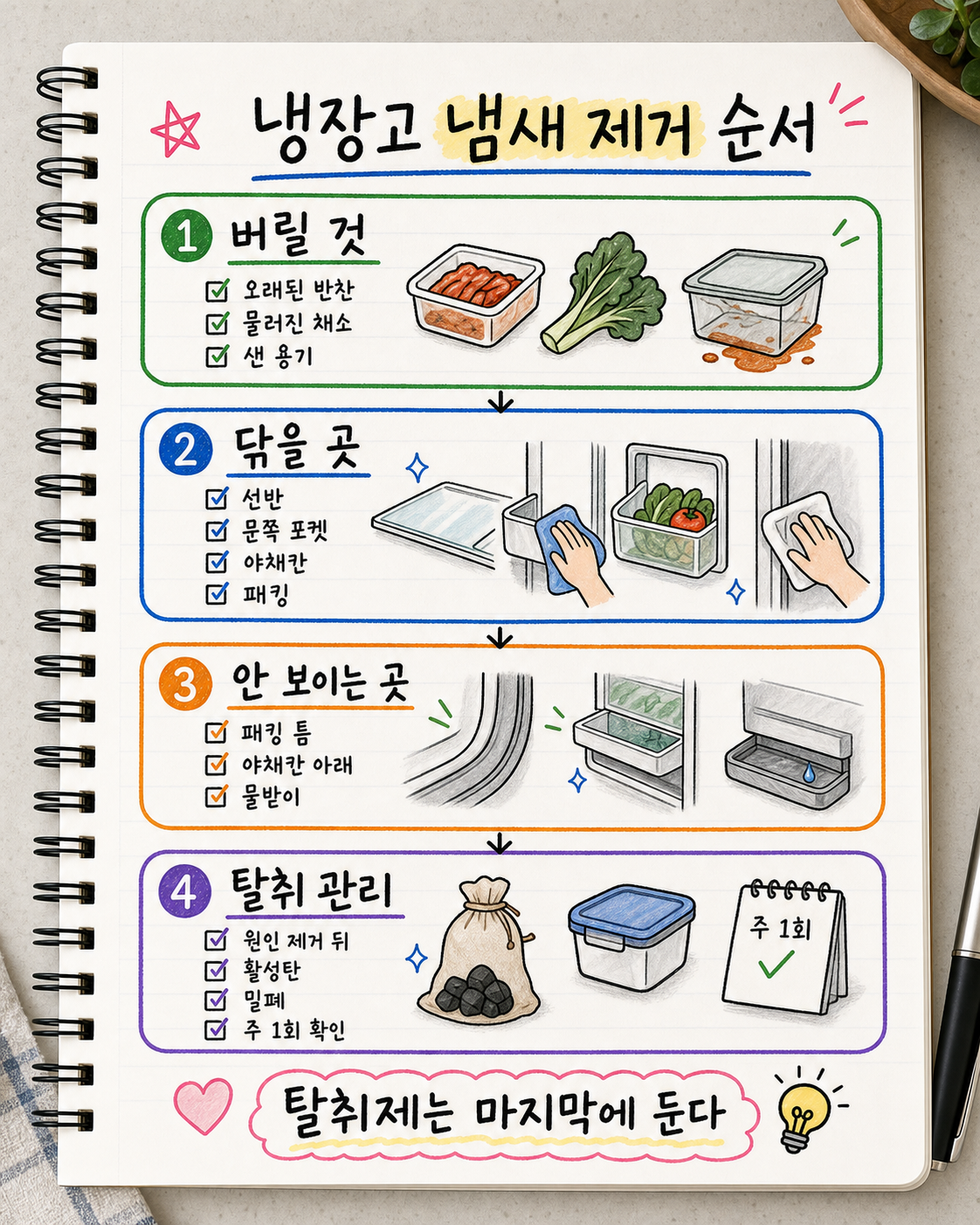 냉장고 냄새 제거 순서를 버릴 것 닦을 곳 안 보이는 곳 탈취 관리로 요약한 손글씨 노트