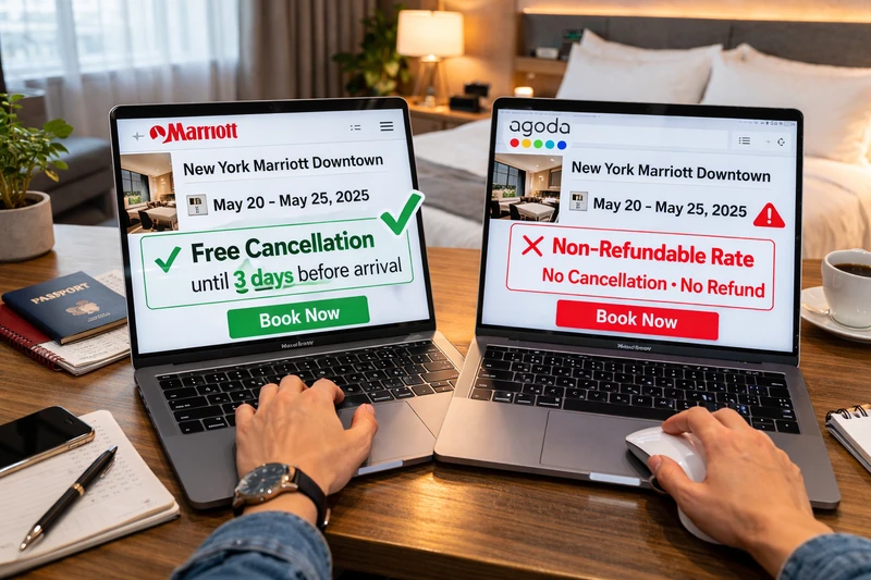 호텔 객실 책상 위에 놓인 두 대의 노트북에서 같은 호텔 예약 조건을 비교하는 이미지. 왼쪽 공식 홈페이지 화면에는 무료 취소 가능 조건이, 오른쪽 OTA 화면에는 환불 불가 요금 조건이 크게 표시되어 있다.