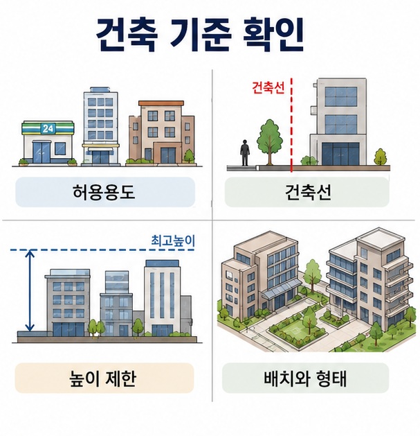 지구단위계획구역의 토지에 건물을 지을 때 허용용도와 건축선, 높이 제한, 건축물 배치와 형태를 확인해야 한다는 이미지