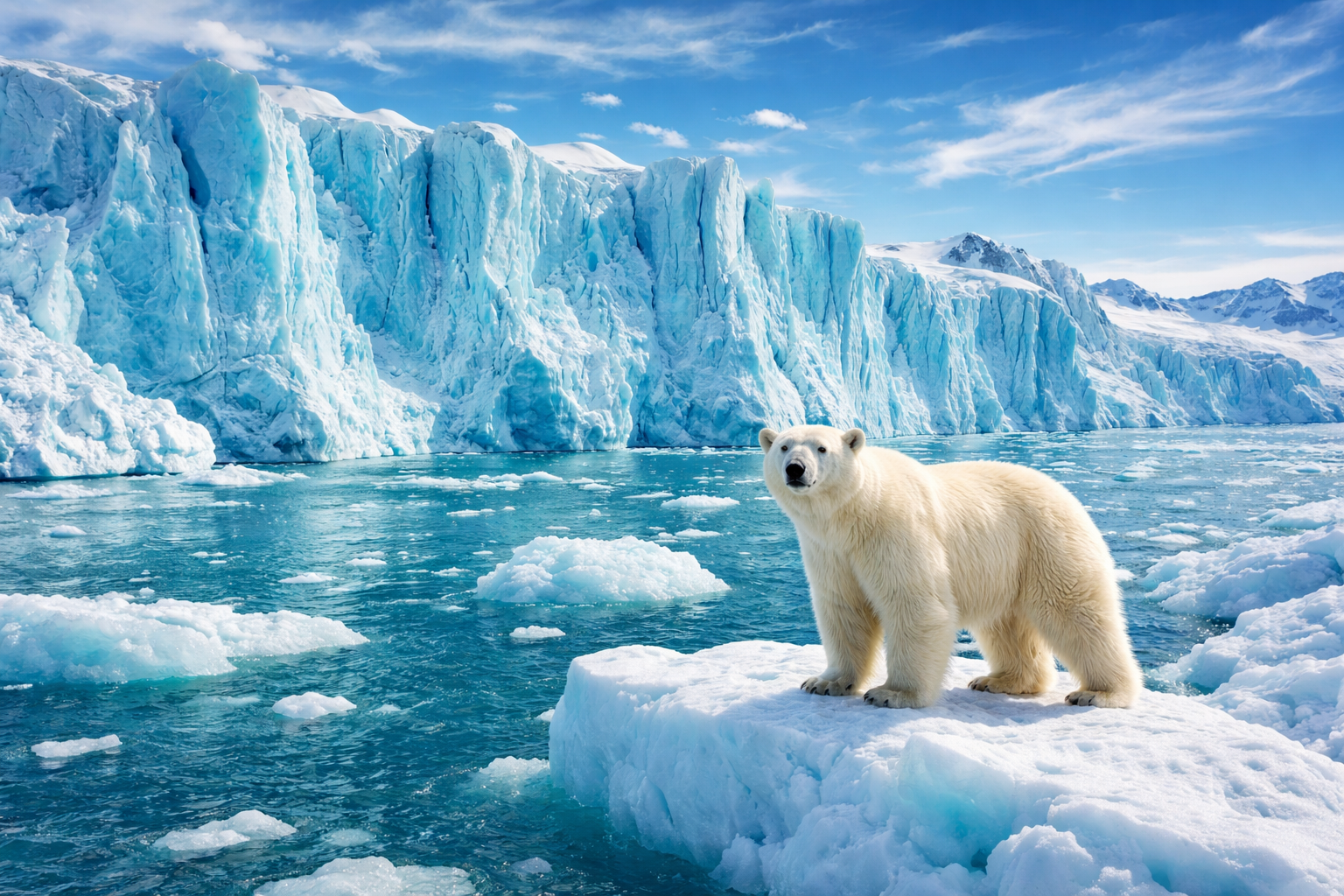 맑고 푸른 하늘 아래, 에메랄드빛 바다에 떠 있는 하얀 유빙 위에 북극곰 한 마리가 서 있습니다. 배경에는 깎아지른 듯한 거대한 푸른빛 빙벽이 병풍처럼 둘러싸고 있어 북극의 웅장한 자연경관을 보여줍니다.