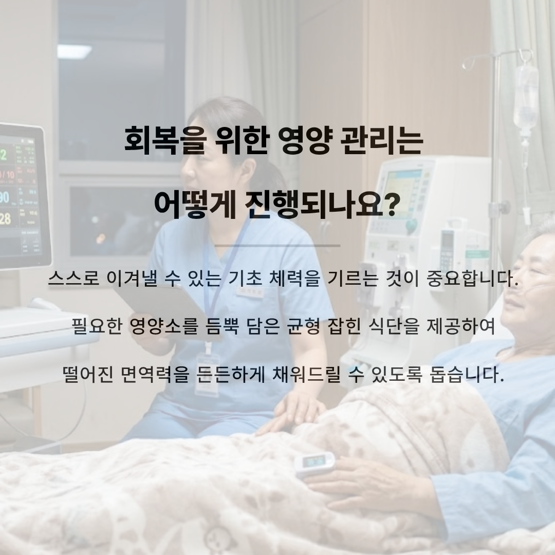 어르신 환자를 살피는 간호사 배경. 텍스트: 회복을 위한 영양 관리는 어떻게 진행되나요? 스스로 이겨낼 수 있는 기초 체력을 기르는 것이 중요합니다. 필요한 영양소를 듬뿍 담은 균형 잡힌 식단을 제공하여 떨어진 면역력을 든든하게 채워드릴 수 있도록 돕습니다.