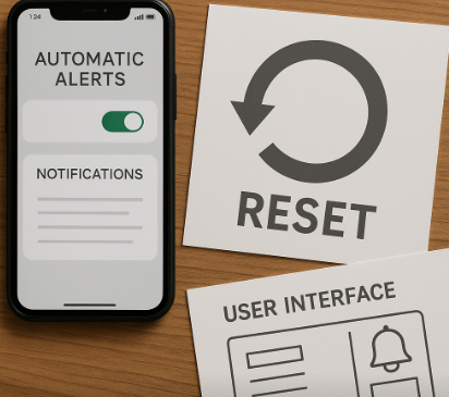 스마트폰 화면에 자동 알림 설정이 표시되고, 옆에 ‘RESET’과 ‘USER INTERFACE’ 문구가 인쇄된 종이가 놓인 장면