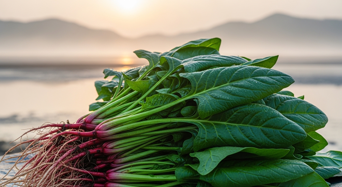 전남 신안 비금도 갯벌에서 갓 수확한 신선한 비금도섬초 다발. 붉은 뿌리와 두툼한 짙은 녹색 잎이 선명하며, 배경에는 안개가 자욱한 청정 갯벌 풍경이 펼쳐져 있습니다.