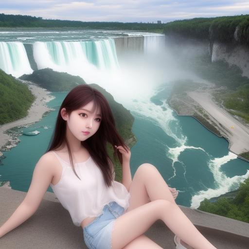 Photo realistic, Beautiful girl, 18yo, background Niagara fall, korean idol