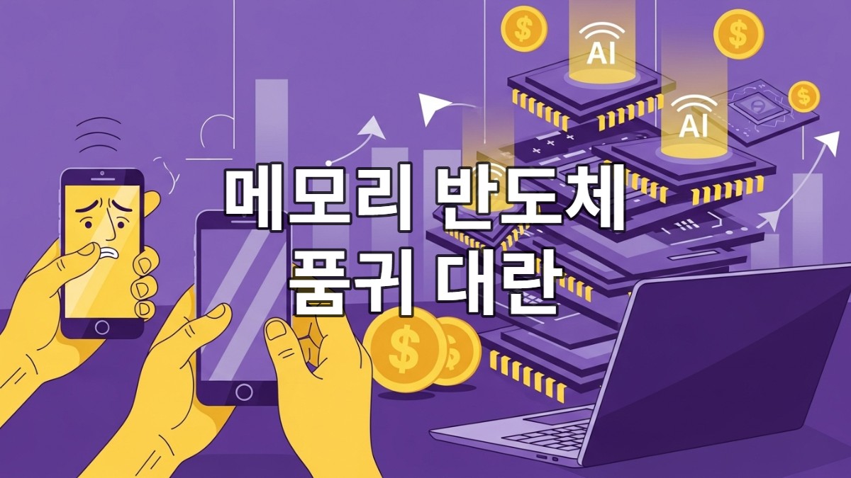 AI 서버 수요 급증으로 인한 DDR5, HBM 등 메모리 반도체 품귀 현상과 그로 인해 스마트폰 및 노트북 가격이 상승하는 상황을 상징적으로 보여주는 이미지.