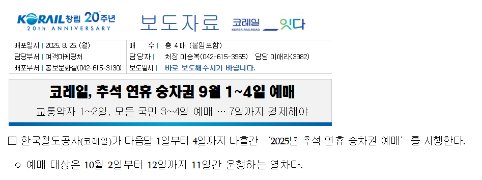 2025 추석 KTX예매 꼭 알아야할 성공꿀팁 (출처: 코레일)