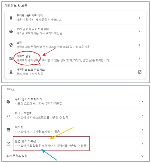 사이트 설정 팝업 및 리디렉션